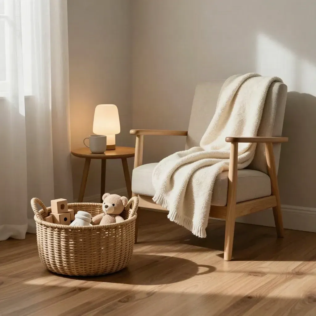 Angolo d’attesa accogliente con cesta di giochi, coperta in lana, lampada e tazza in ceramica.