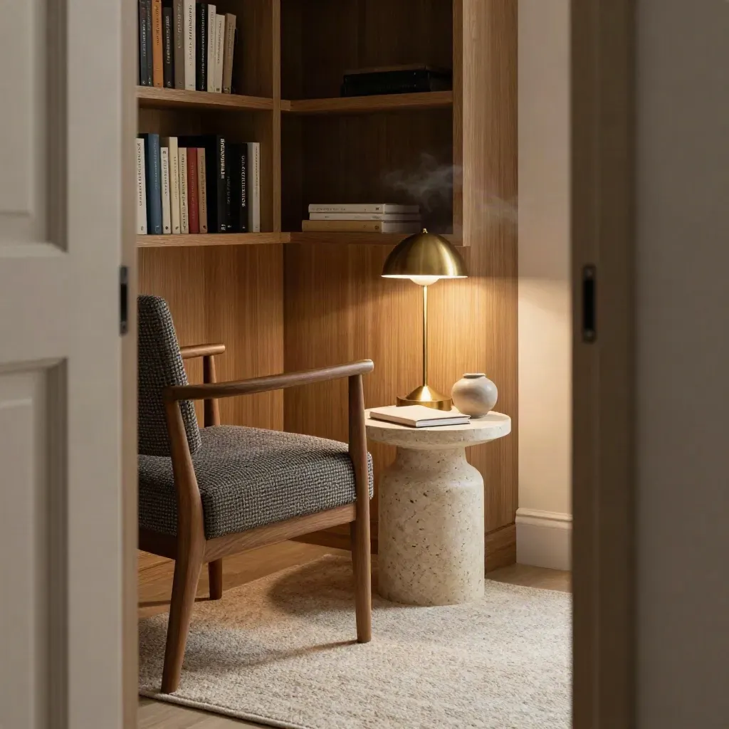 Angolo mentoring con due sedie vuote, lampada accesa e libri in luce calda.
