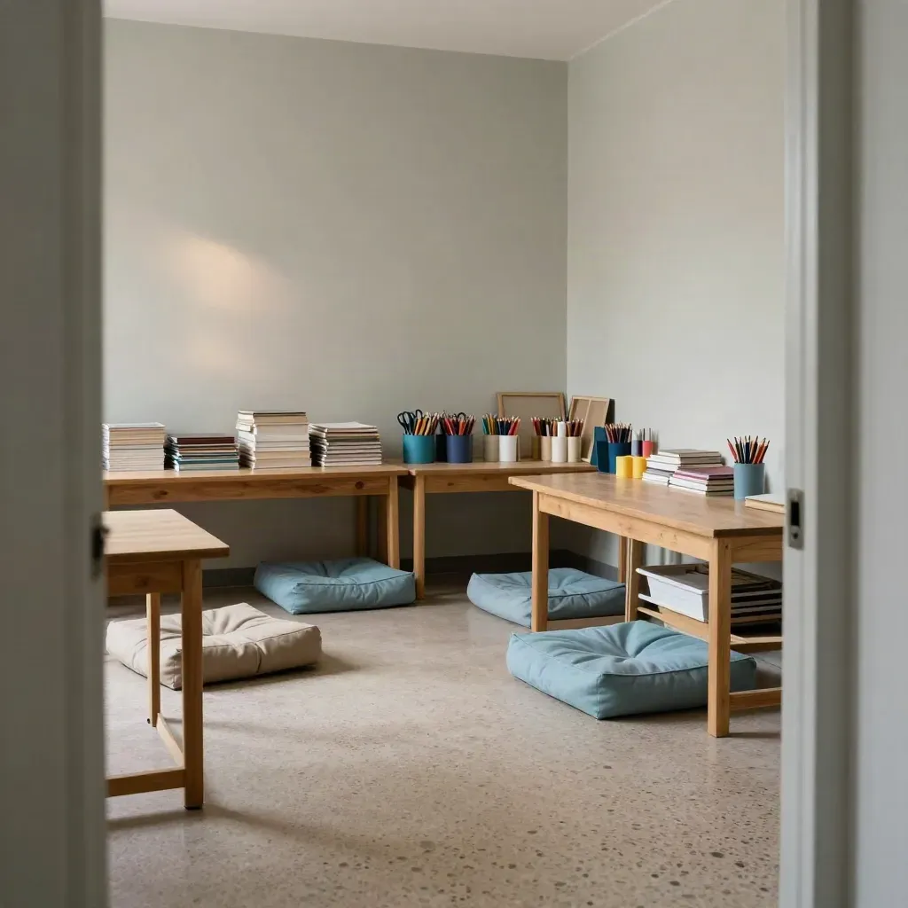 Aula torinese pronta per i laboratori: tavolini bassi, cuscini, libri e scaffali ordinati.