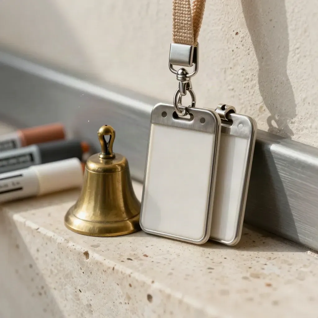 Kit coordinamento con clip, campanello in ottone, badge reel e pennarelli su travertino.