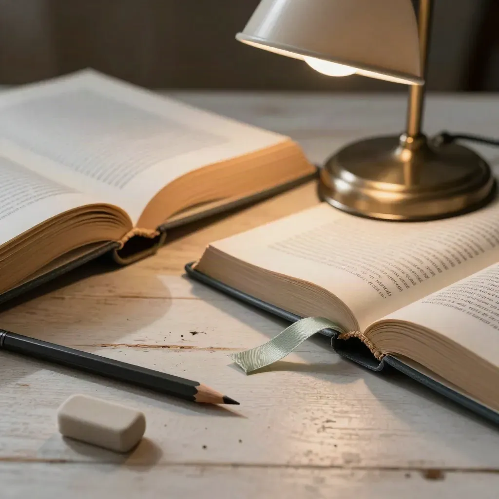 Libri usati, matita, briciole di gomma e lampada da lettura su banco in legno.