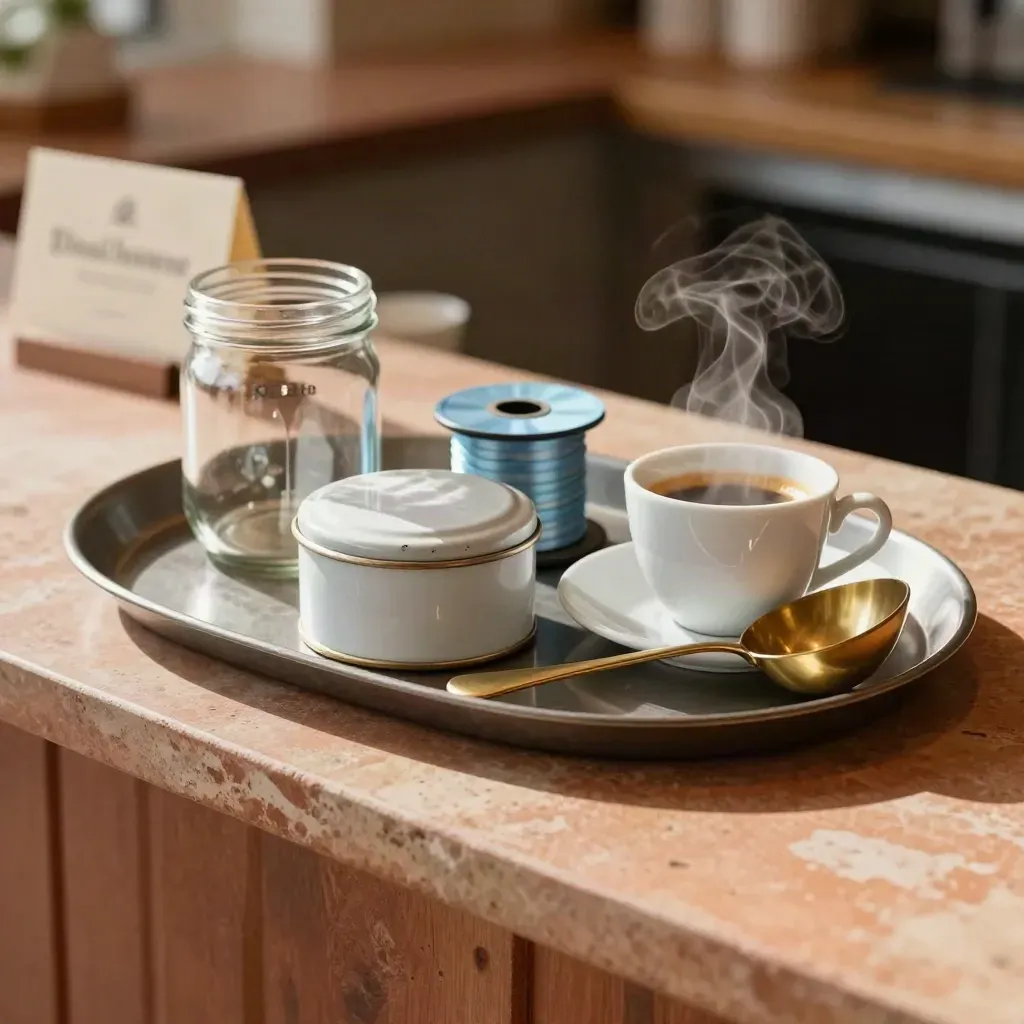 Vassoio caffè con salvadanaio, biscottiera, nastro e cucchiaio in una scena calda
