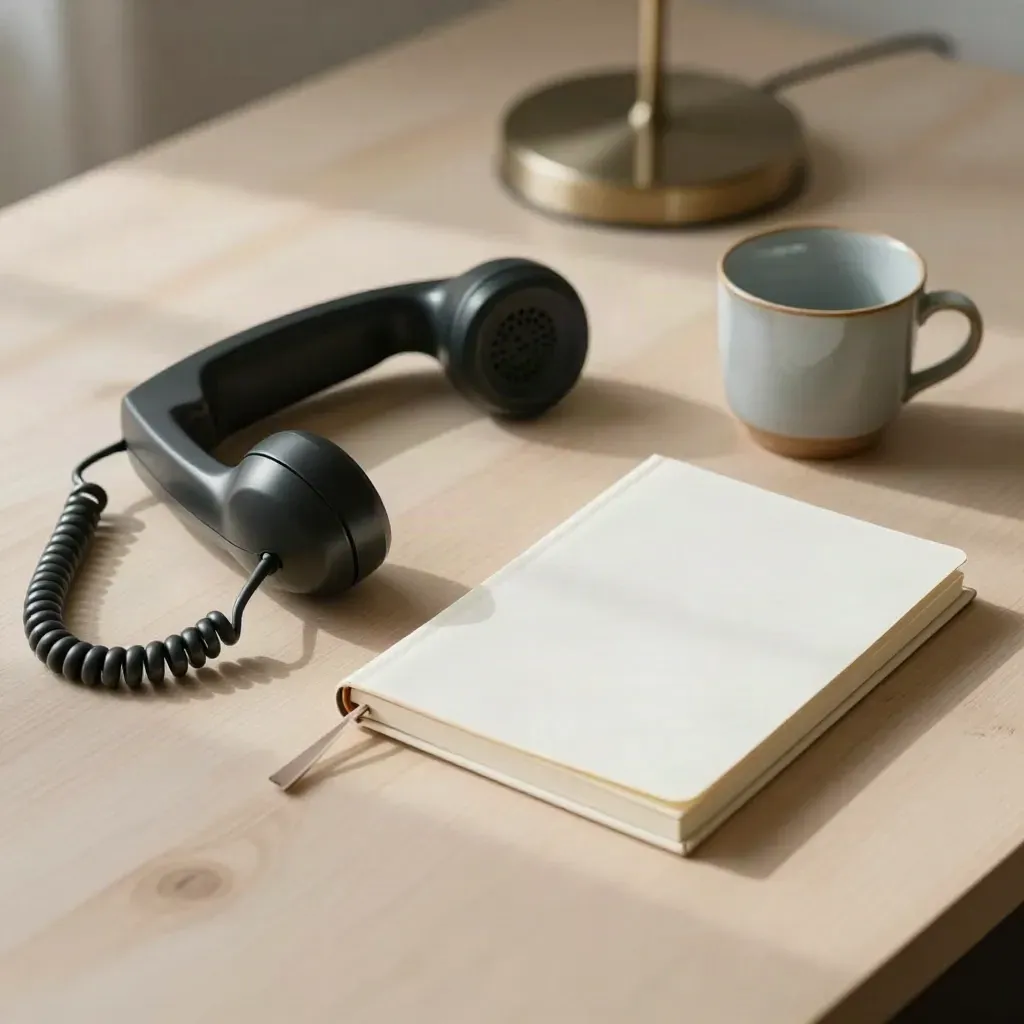 Telefono con cornetta, taccuino chiuso, tazza e base lampada su legno chiaro, luce morbida.