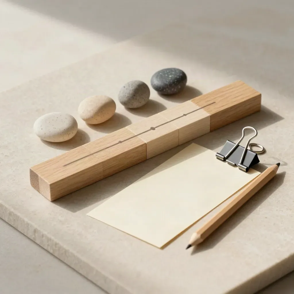 Flatlay dall’alto con blocchi timeline, token, fermafoglio, card piegata e matita su pietra chiara.