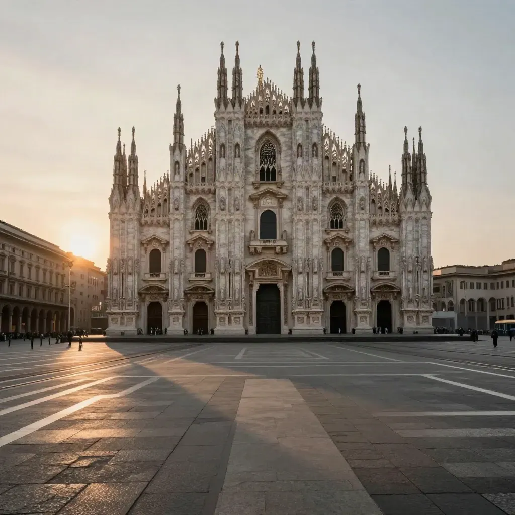 Duomo di Milano al tramonto sopra piazza vuota di pietra chiara, immersa in foschia dorata.
