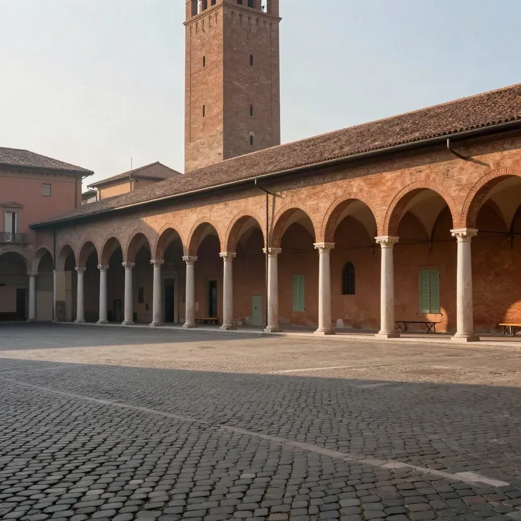 Portici di Bologna e Torre degli Asinelli nella foschia dorata sopra selciato vuoto.
