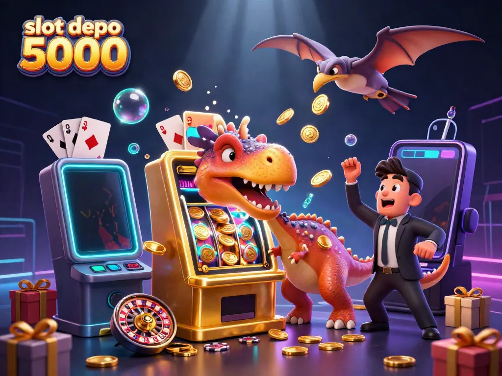 Experience thrilling wins with slot depo 5000 featuring cartoon characters engaging in a vivid casino scene.